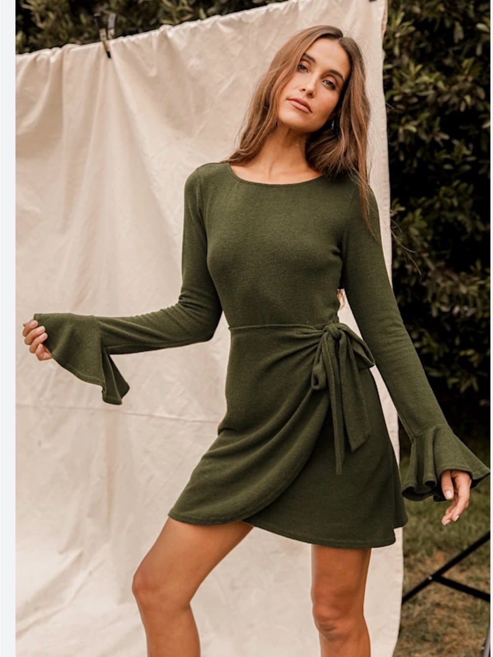 LULUS NWT favorite tune olive Green wrap Tie-Waist Long Sleeve Dress